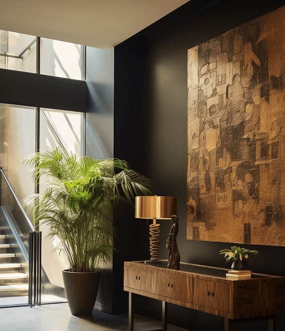 Entry with gilded artwork and a walnut console