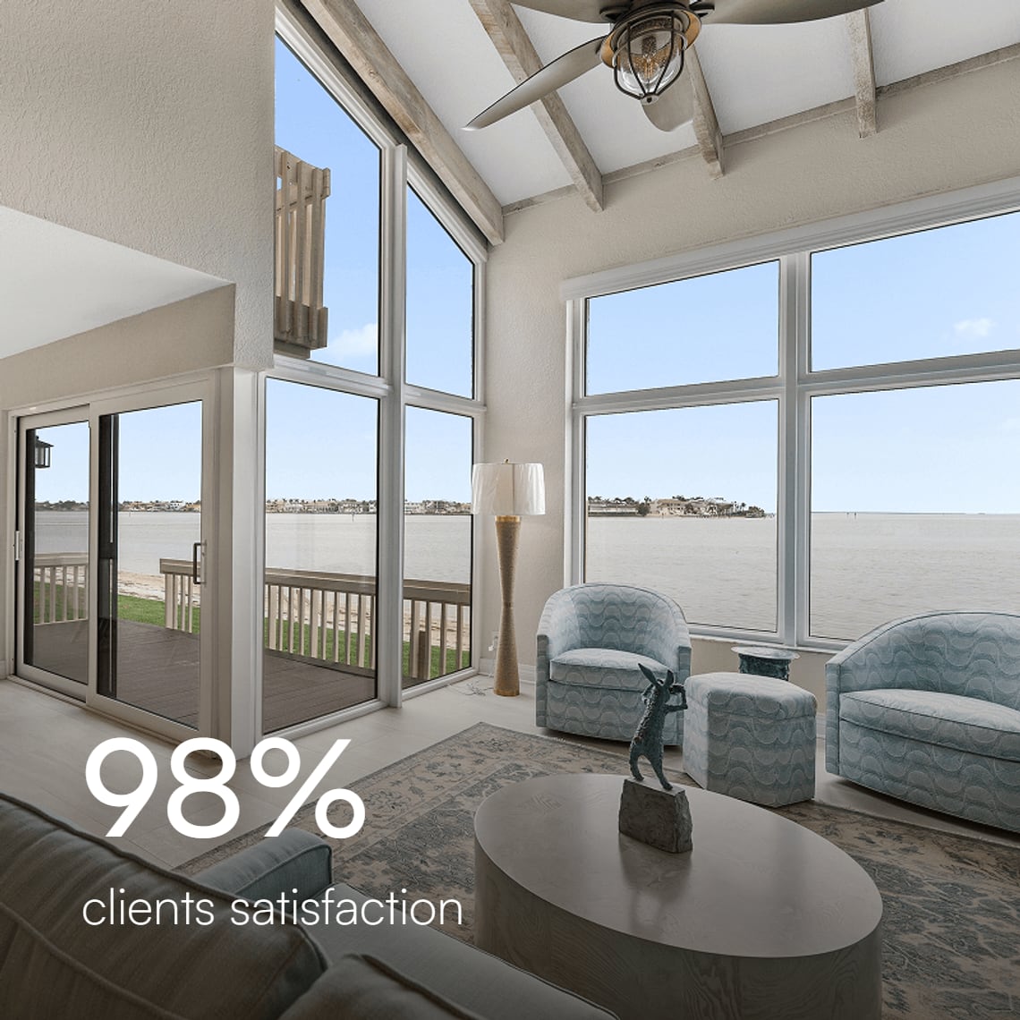 Waterfront living room remodeled by Ethicore, 98% client satisfaction