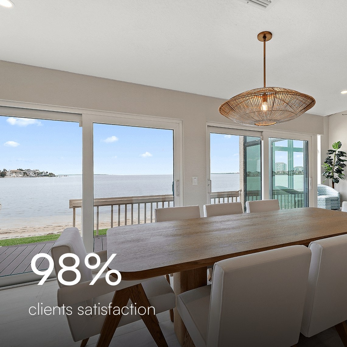 Waterfront dining room with a wood table, white chairs, and a woven pendant light, 98% client satisfaction