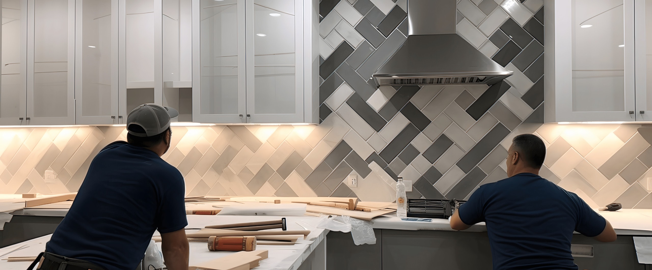 Installers setting a patterned tile backsplash in a remodeled kitchen