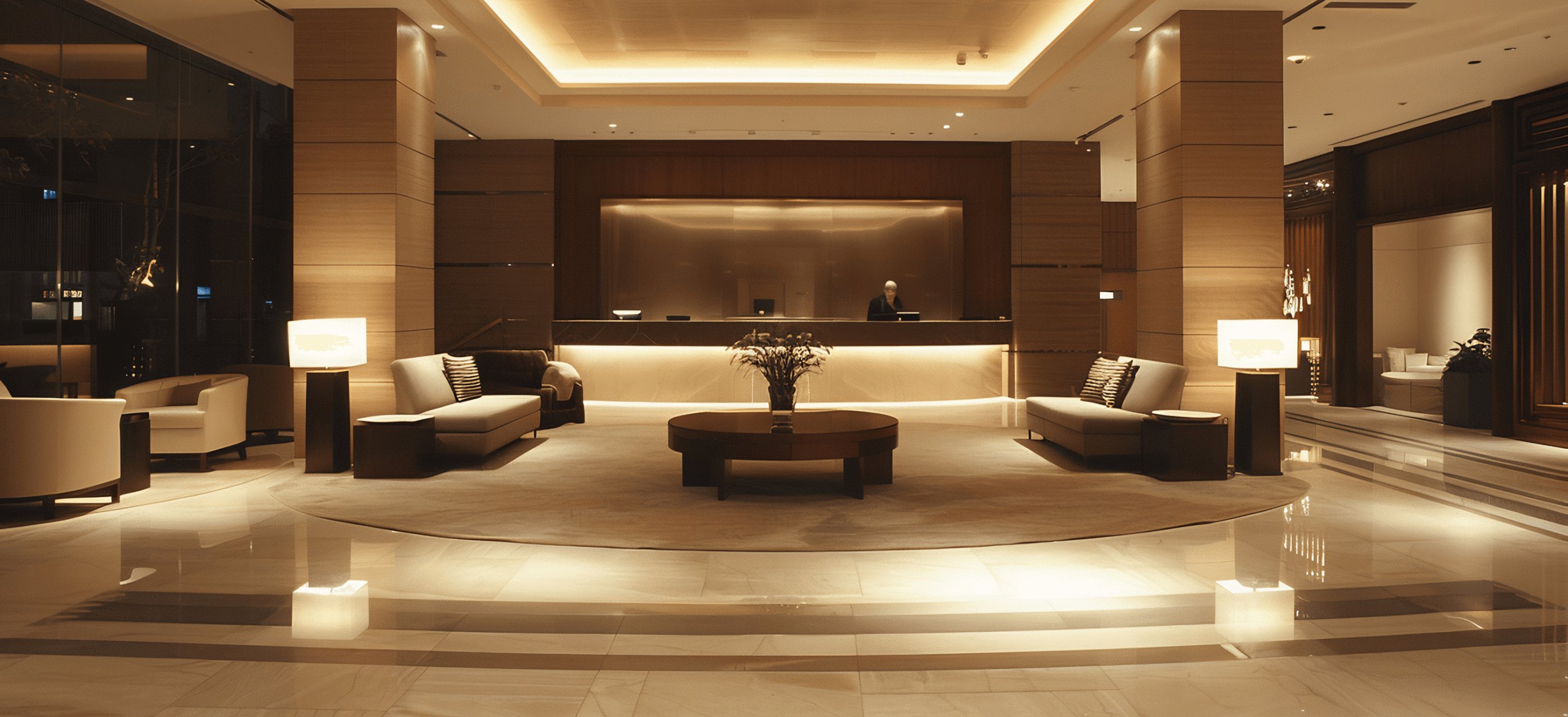 Warmly lit lobby with wood-paneled columns and a marble floor