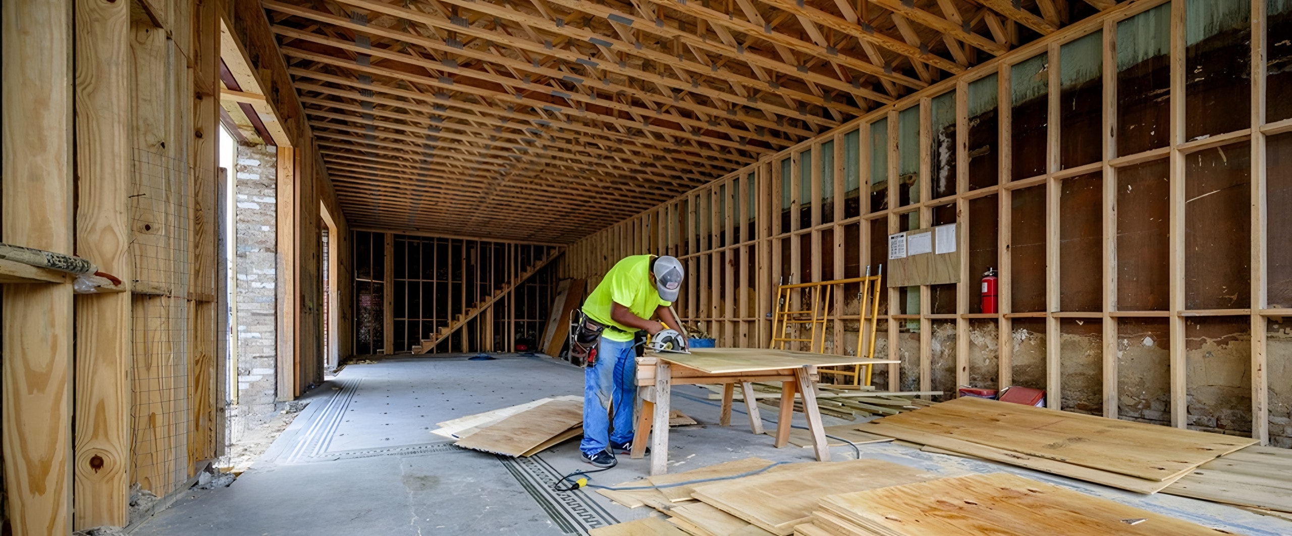 Carpenter cutting plywood in a gutted building lined with new stud walls and ceiling framing