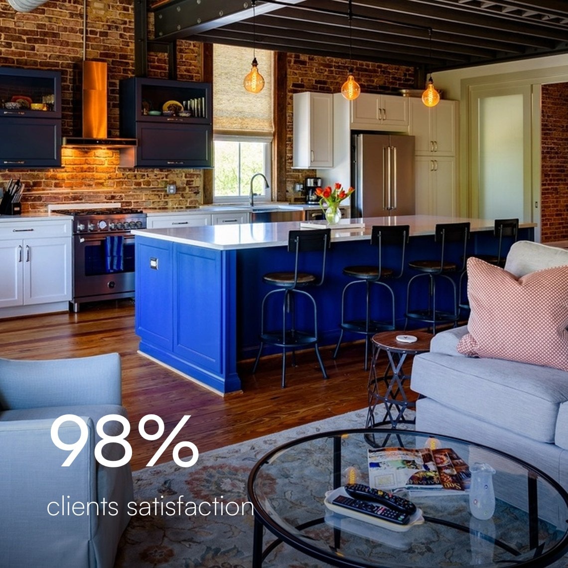 Open kitchen and living room under exposed steel beams, 98% client satisfaction
